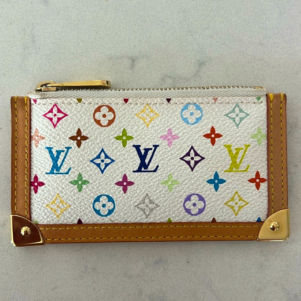 Louis Vuitton white multicolored coin purse with key ring